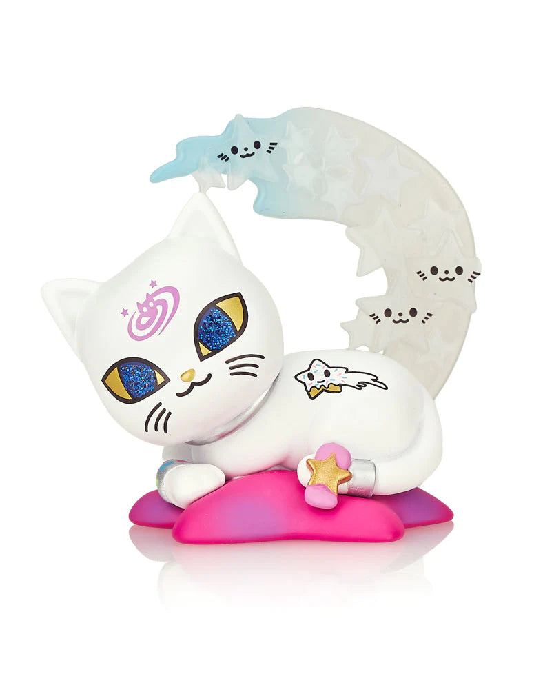 A white cat figurine with celestial elements, part of the Galactic Cats Blind Box series.