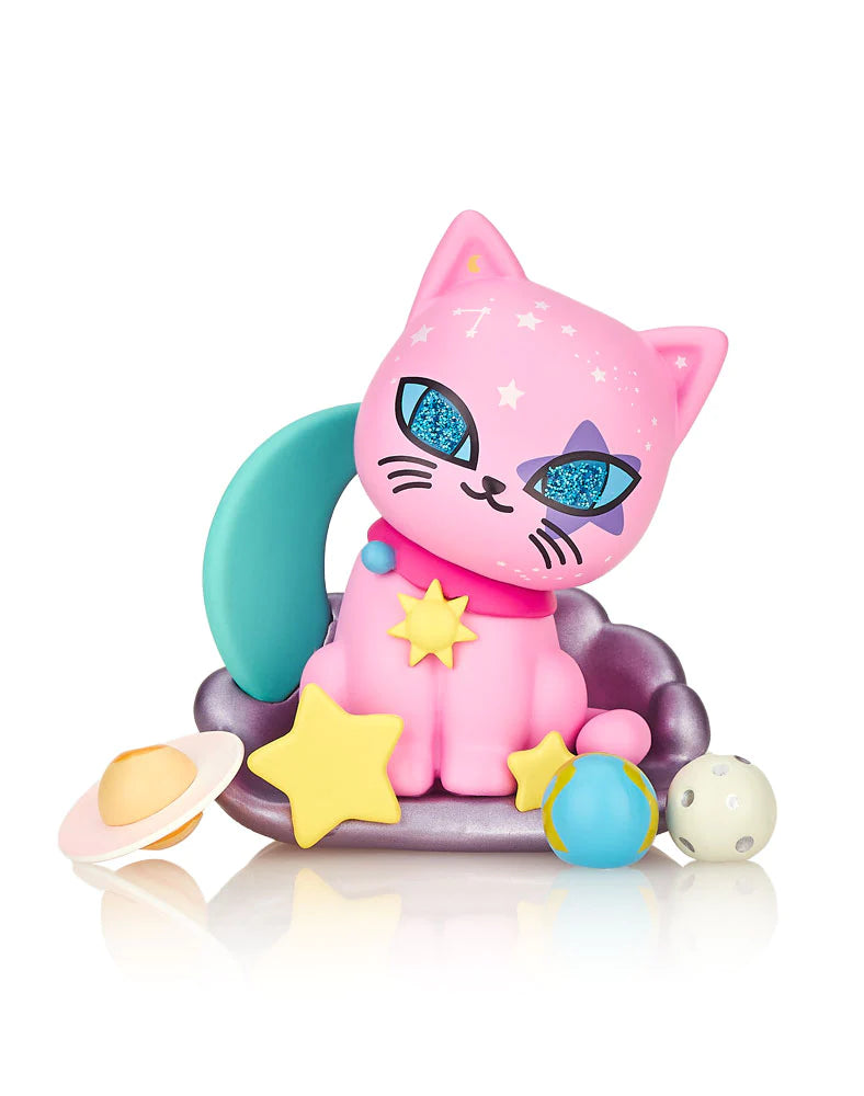 A pink cat toy featuring Galactic Cats Blind Box series characters, including Purriwinkle, Astrocat, and more, with celestial and sparkly details.