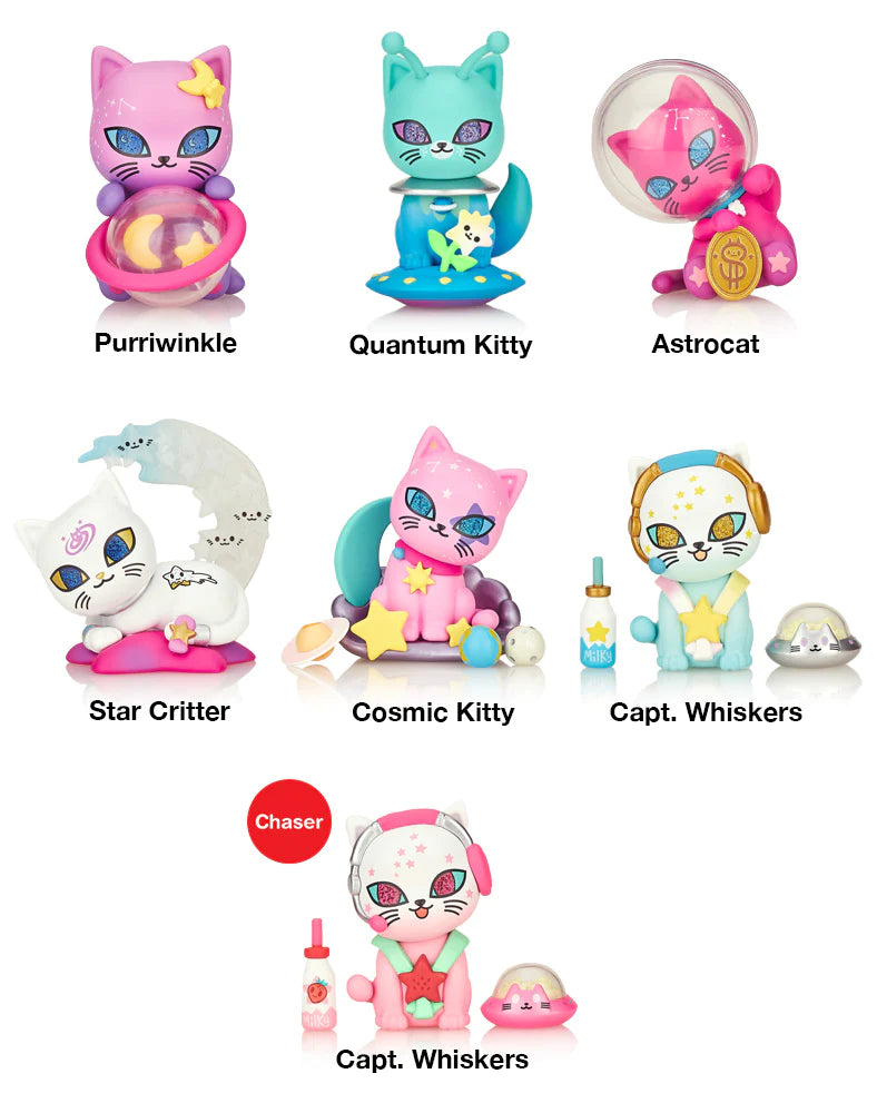 A group of toy cats with unique accessories from the Galactic Cats Blind Box series.