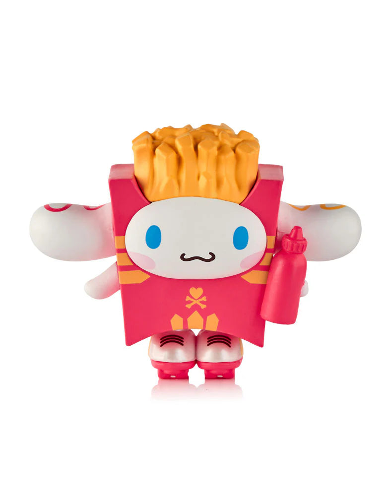 tokidoki x Hello Kitty and Friends Fast Food Blind Box features a vinyl toy bunny as a fry box, holding ketchup, part of a collectible series.