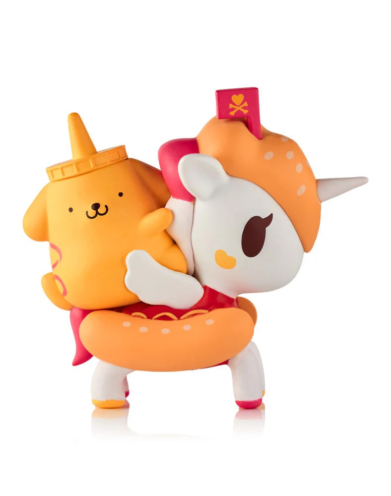 tokidoki x Hello Kitty and Friends Fast Food Blind Box featuring a unicorn figure with an orange mane, inflatable hot-dog float, and mustard-bottle puppy.