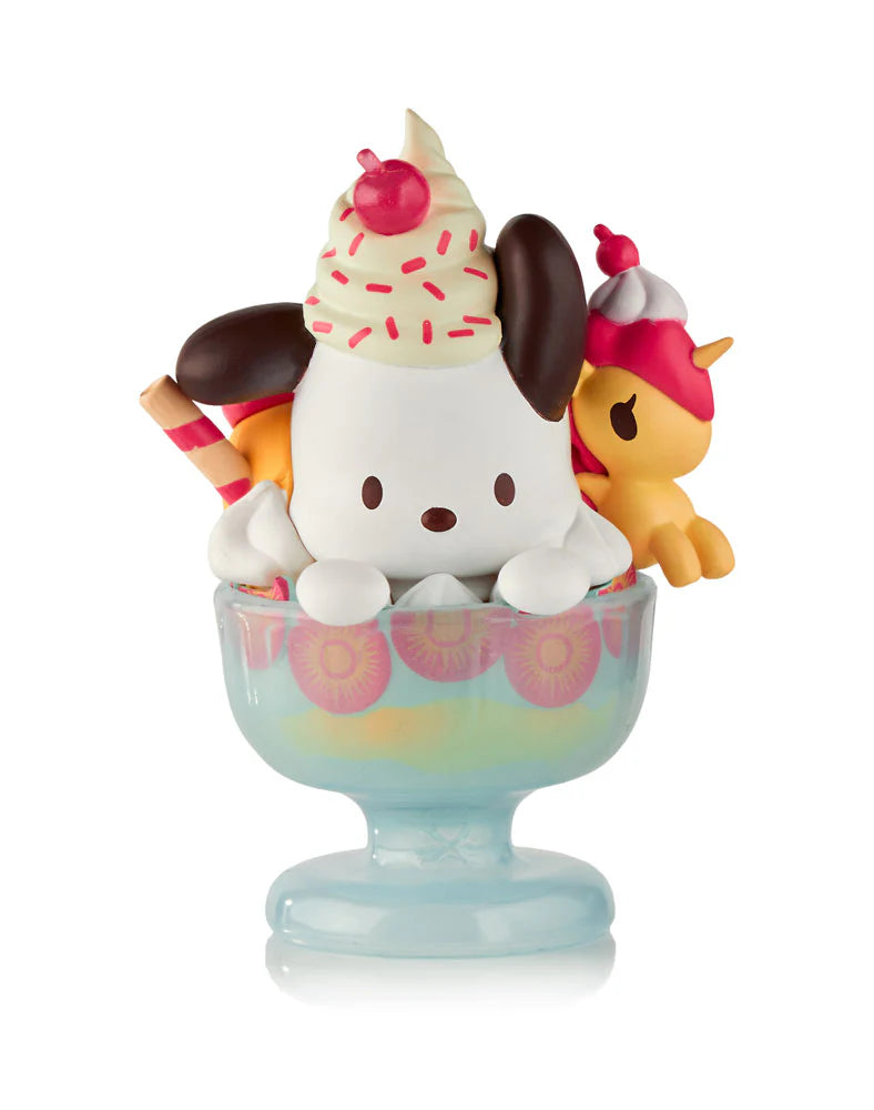 tokidoki x Hello Kitty and Friends Fast Food Blind Box features a kawaii-style vinyl dog figurine in a dessert glass, embodying retro diner vibes.