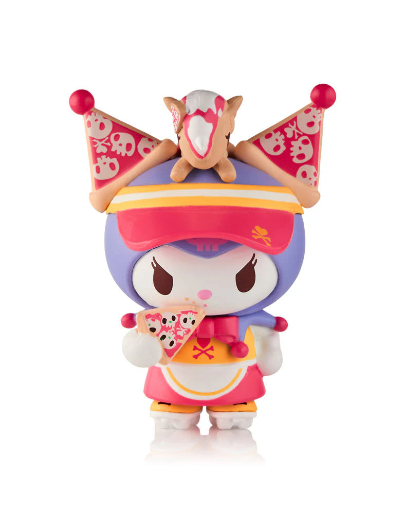 Chibi-style figurine from tokidoki x Hello Kitty and Friends Fast Food Blind Box, featuring a rabbit-like character with pizza slice and rodent, collectible art.