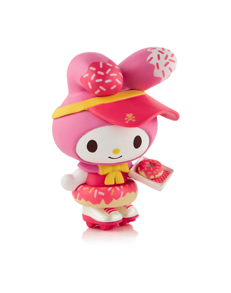 My Melody vinyl figure in doughnut-themed outfit from tokidoki x Hello Kitty and Friends Fast Food Blind Box, featuring roller skates and tray with doughnut.