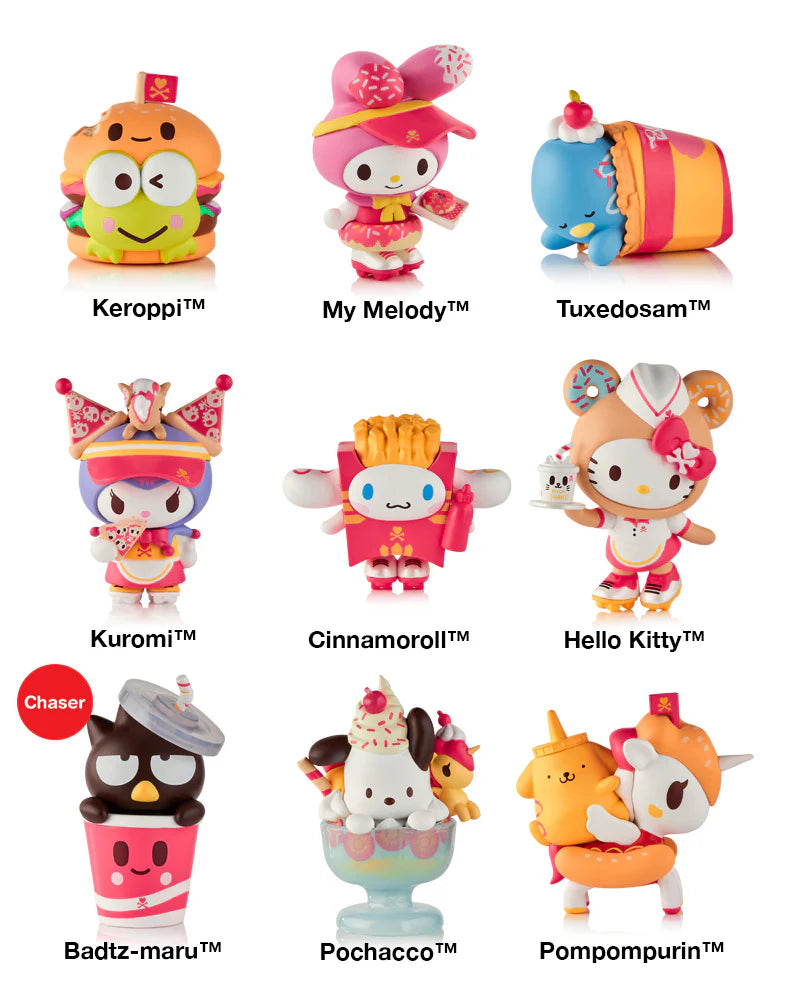 tokidoki x Hello Kitty and Friends Fast Food Blind Box features nine stylized Sanrio figures as playful food-themed collectibles in a limited-edition series.