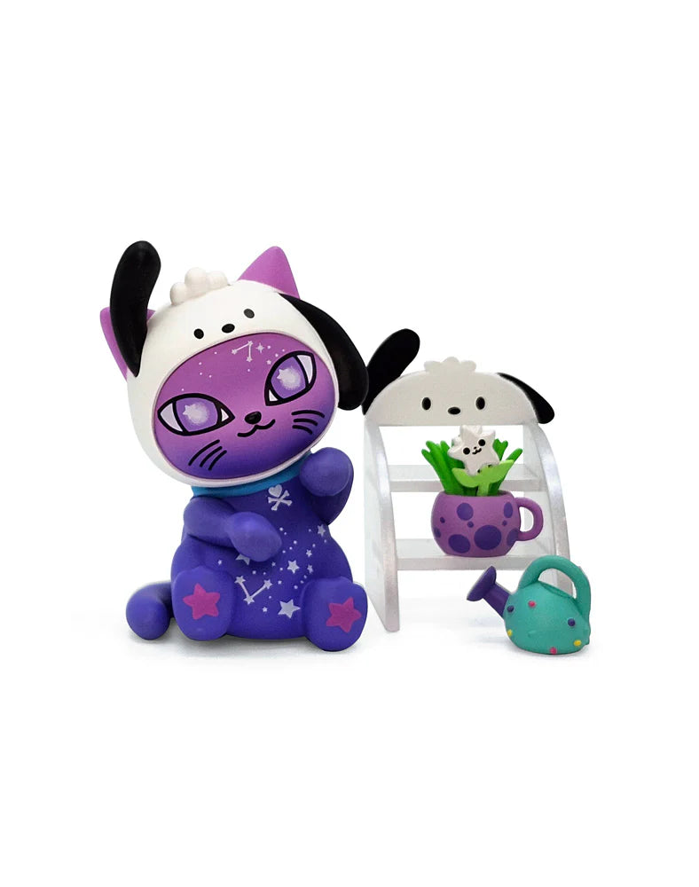 Tokidoki Galactic Cats x Hello Kitty & Friends Blind Box featuring a purple cat with star patterns, a display stand, polka-dotted mug, and mint-green watering can.