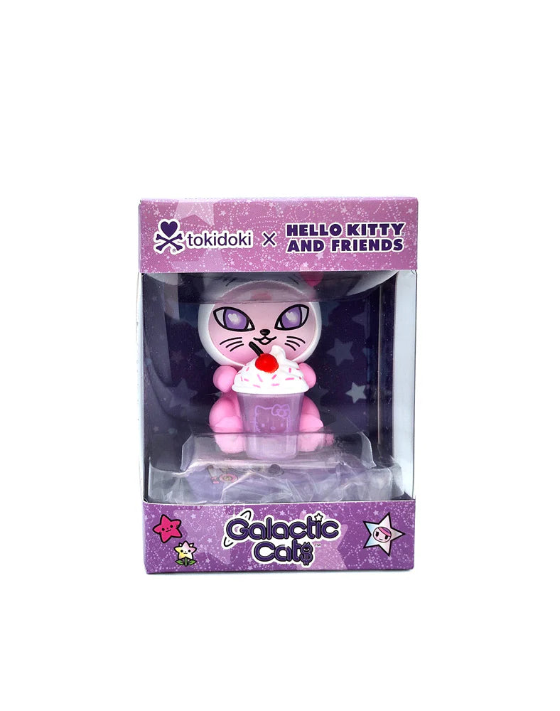Tokidoki Galactic Cats x Hello Kitty & Friends collectible figure, Sugar Whiskers holding a cup, sealed in a starry box.