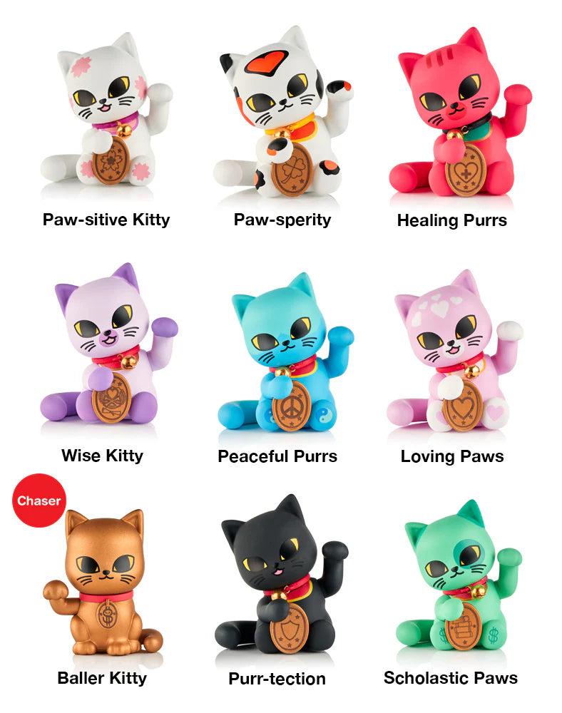 Grid of nine tokidoki Lucky Cats Blind Box figurines, each with unique colors and names like Paw-sitive Kitty and Baller Kitty, showcasing diverse fortune themes.