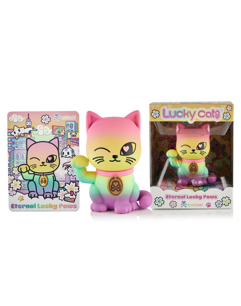 Lucky Cats - Eternal Lucky Paws (Special Edition) collectible set with a pastel vinyl cat figure, art card, and retail box, featuring ombre and metallic details.