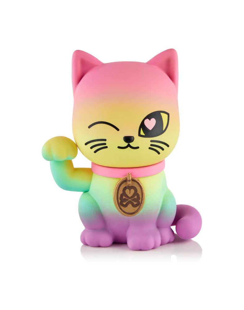 Eternal Lucky Paws figurine: rainbow gradient Maneki-neko, winking with heart eye, pink collar, gold medallion, raised paw beckoning; includes bracelet and collector's items.