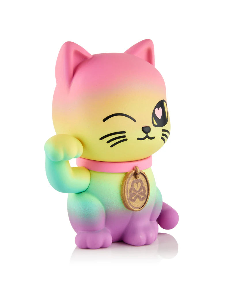 Lucky Cats - Eternal Lucky Paws figurine with pastel gradient, winking eye, heart pupil, pink collar, gold medallion, beckoning pose. Includes bracelet, card, sticker.