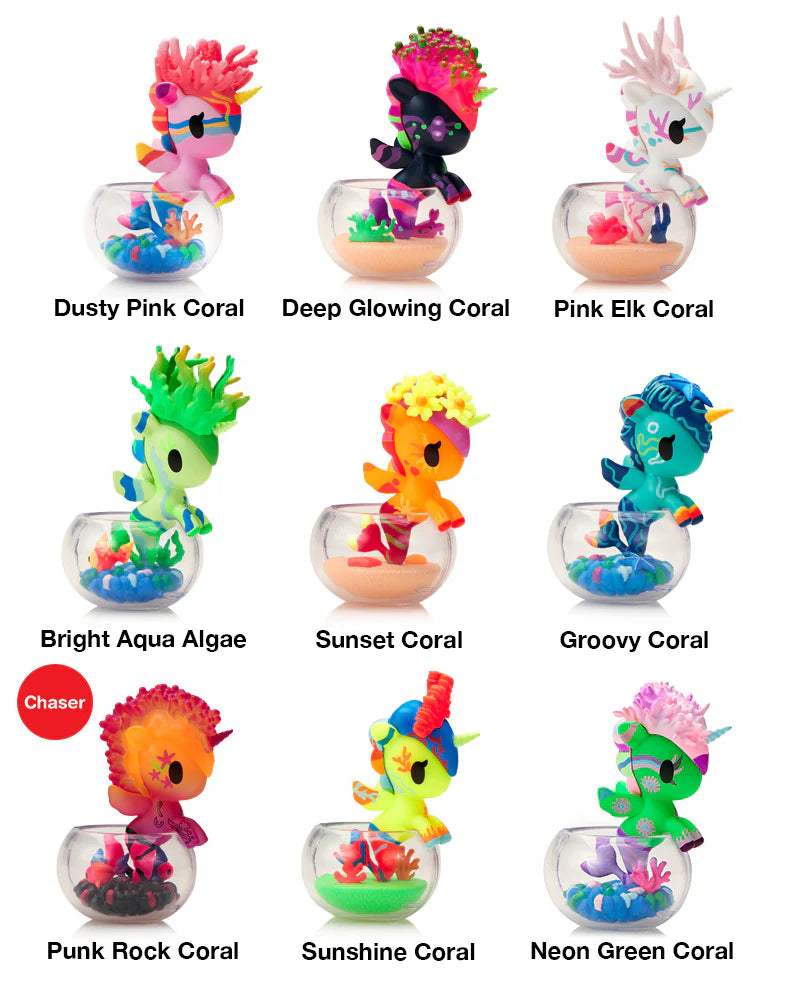Neon Reef Mermicorno Blind Box featuring nine coral-themed unicorn figurines on fish-bowl bases, each uniquely designed, glowing under blacklight. Collectible art toy from Strangecat Toys.