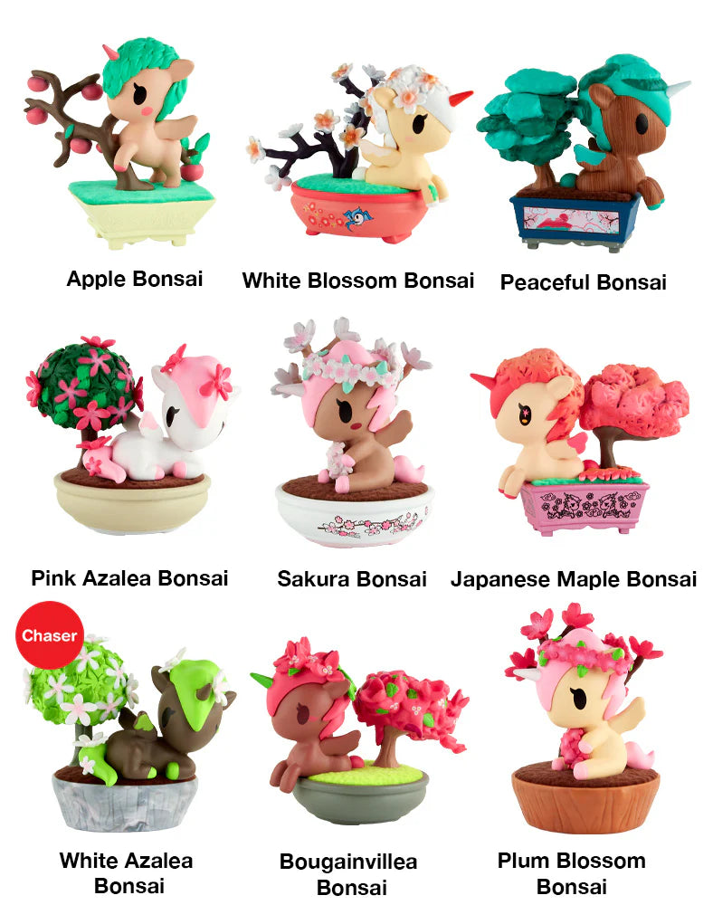 Nine Botanical Bonsai Unicorno figures, each with a detailed bonsai-style tree, showcasing collectible art from Tokidoki's blind box series at Strangecat Toys.