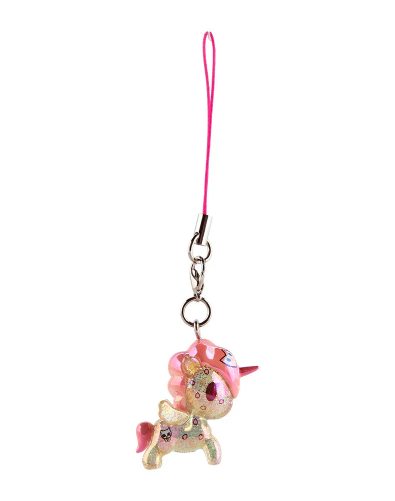 Shimmer Cherry Blossom Unicorno Frenzies Blind Box: Glittery unicorn charm with pink strap, ideal as a phone accessory or keychain, showcasing a glossy, cartoon-like design.