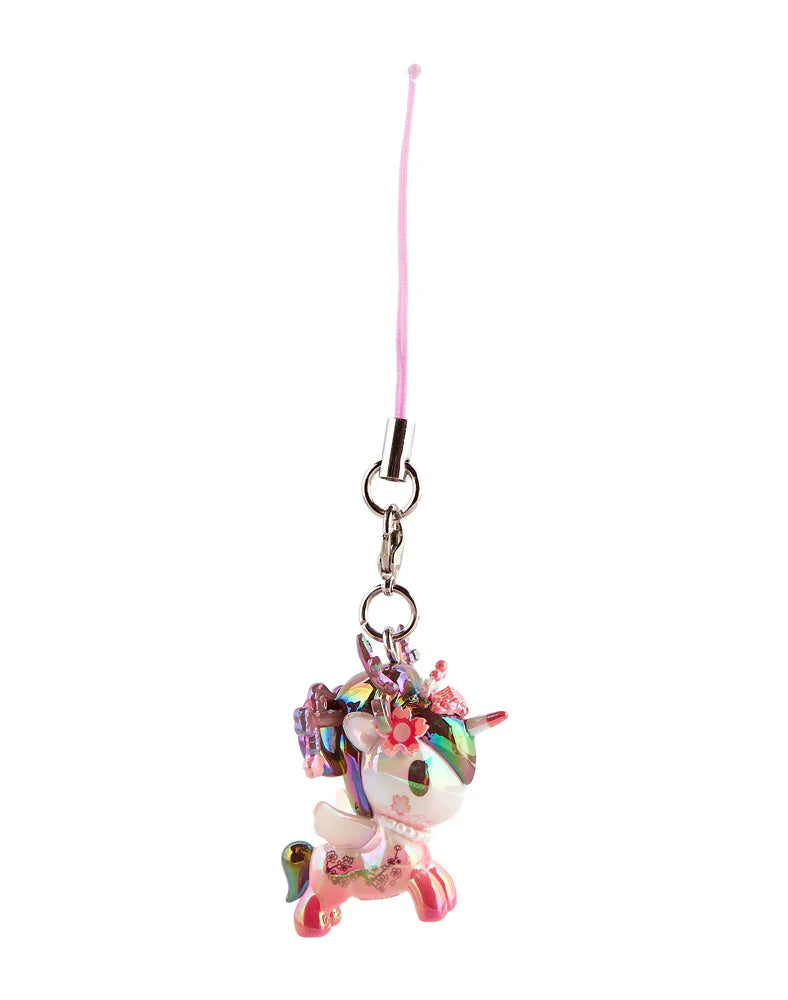 Shimmer Cherry Blossom Unicorno Frenzies Blind Box featuring an iridescent unicorn charm with floral mane, pink accents, and wings on a pink lanyard.