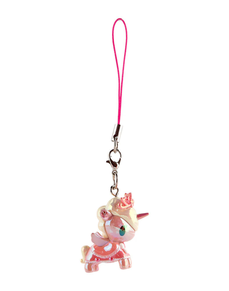 Shimmer Cherry Blossom Unicorno Frenzies Blind Box keychain featuring a pink unicorn with a crown, glossy finish, and lobster-claw clasp.