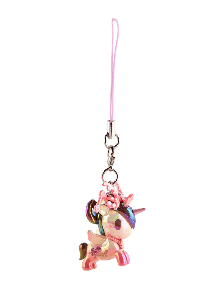 Shimmer Cherry Blossom Unicorno Frenzies Blind Box featuring an iridescent unicorn charm with a metal clasp and pink strap for decorative use.