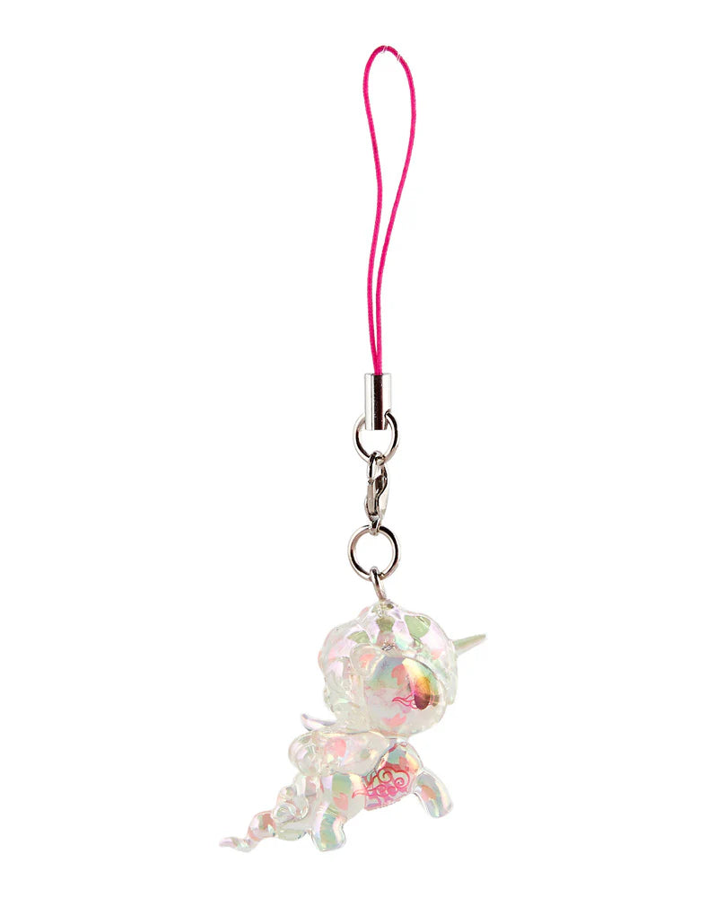 Unicorn-shaped charm with rainbow sheen, pink cord, and metal clasp, part of the Shimmer Cherry Blossom Unicorno Frenzies Blind Box collection by Strangecat Toys.