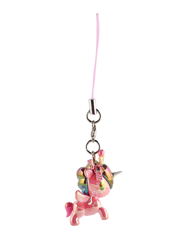 Shimmer Cherry Blossom Unicorno Frenzies Blind Box: A glossy pastel unicorn charm with pink cord, ideal for accessorizing bags or keys.