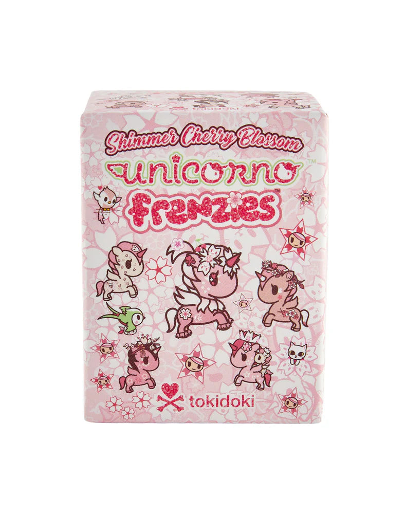 Shimmer Cherry Blossom Unicorno Frenzies Blind Box featuring sakura-themed unicorn designs, ideal for collectors. Contains one surprise figure with a glossy finish.