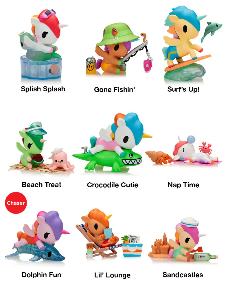 Fun In The Sun Unicorno Blind Box features nine beach-themed unicorn figures with unique accessories, including a rare Dolphin Fun variant, perfect for collectors.