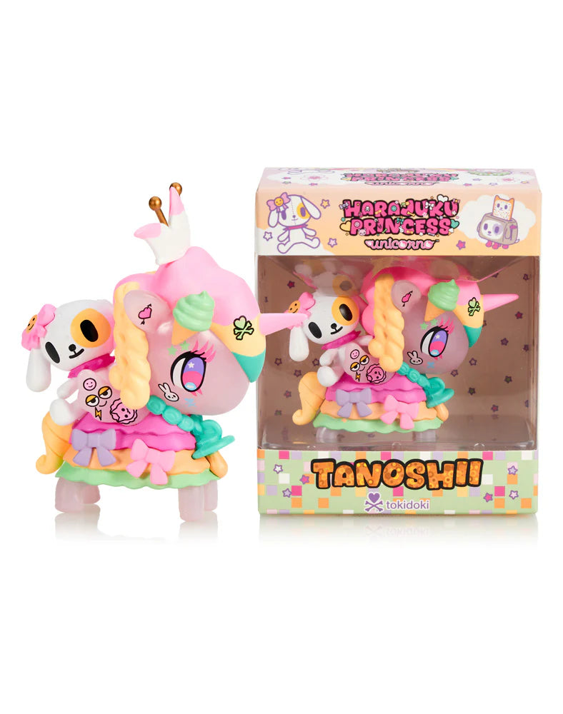 Harajuku Princess Unicorno - Tanoshii (Special Edition) toy in an open-box format, featuring flocking, semi-transparent, and metallic details, includes a sticker sheet.