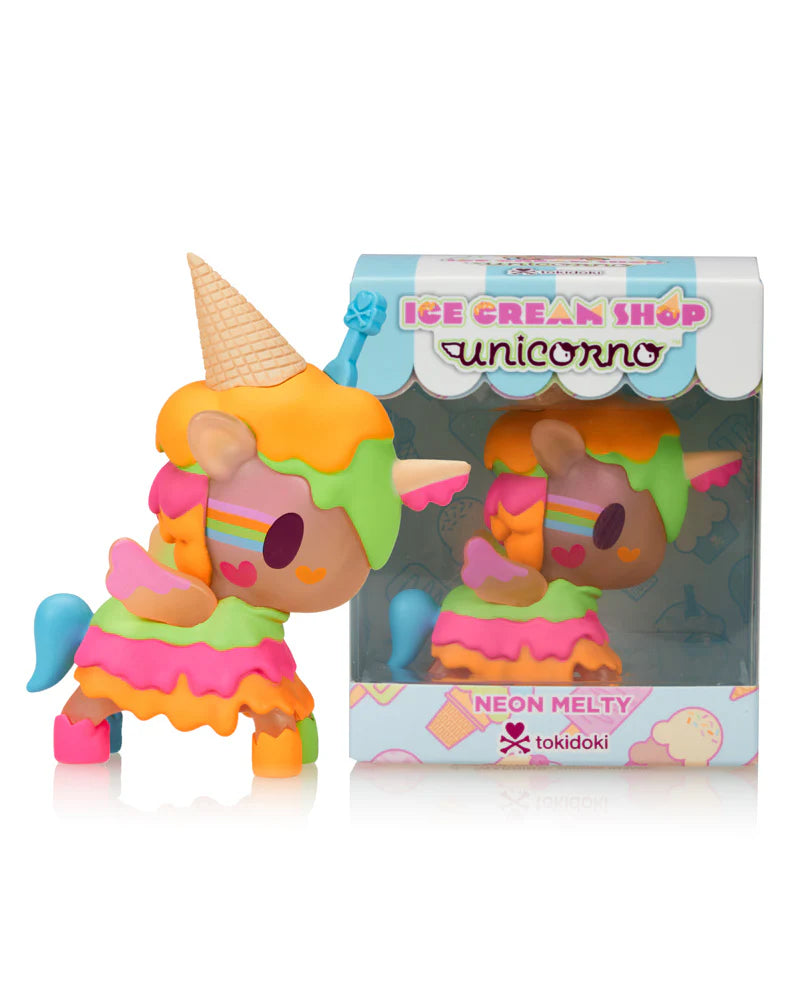 Ice Cream Shop Unicorno - Neon Melty (Special Edition) collectible, 2.5 inches tall, featuring neon and semi-transparent details, includes a sticker sheet.