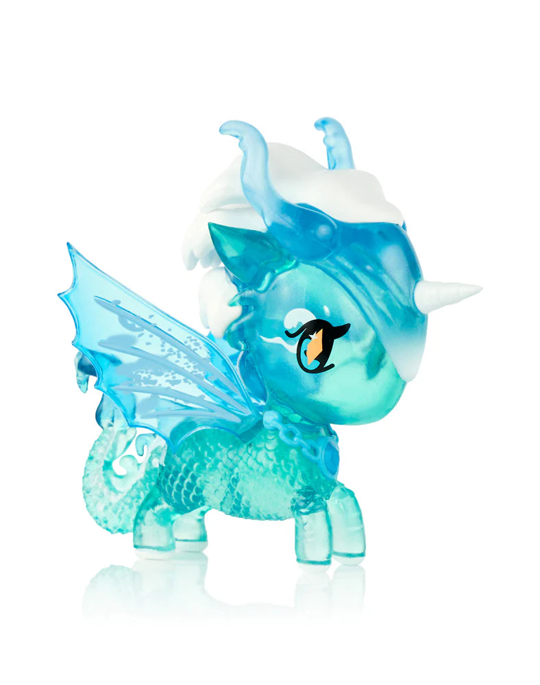 Mystical Dragon Unicorno Blind Box: Sea-green translucent collectible with dragon tail, wings, unicorn horn, and chibi features, perfect for art toy enthusiasts.
