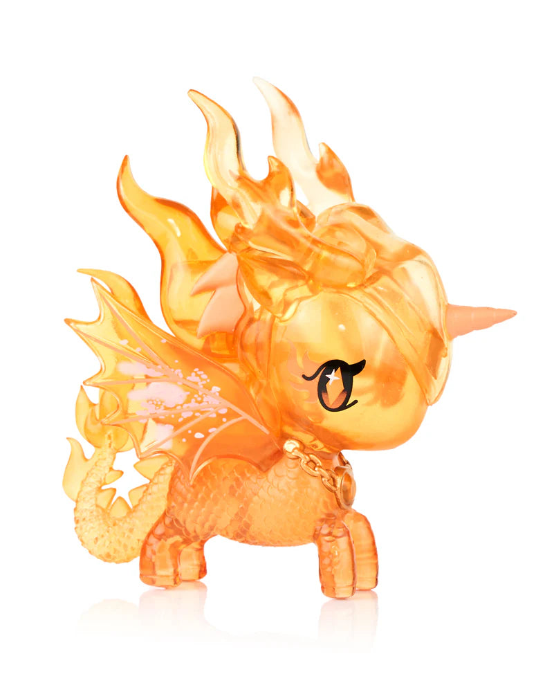 Mystical Dragon Unicorno figurine: translucent orange resin, unicorn-dragon blend with flame features, starry eyes, and chain necklace. Collectible art from Strangecat Toys.