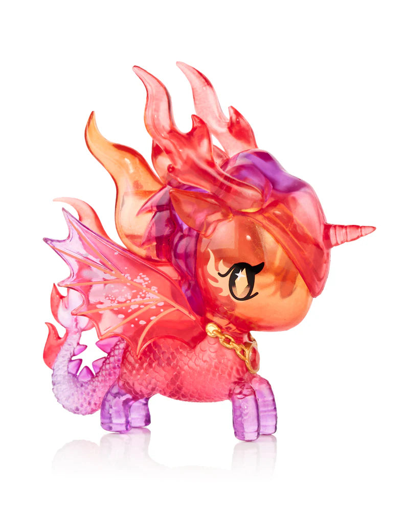 Mystical Dragon Unicorno Blind Box figurine: unicorn-dragon hybrid with a horn, scaly body, bat wings, flame mane, and gold chain; features fiery translucent colors.