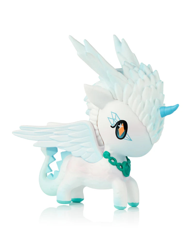 Mystical Dragon Unicorno Blind Box features a stylized pegacorn toy with wings, cartoonish eye, and chunky necklace, perfect for collectors seeking surprise art toys.