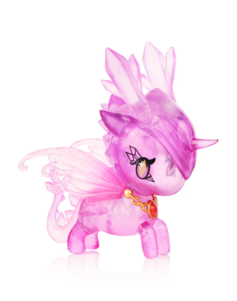 Mystical Dragon Unicorno Blind Box: Translucent pink unicorn-pegasus with crystalline wings, painted eye, and gold chain, embodying collectible art in a surprise blind box.