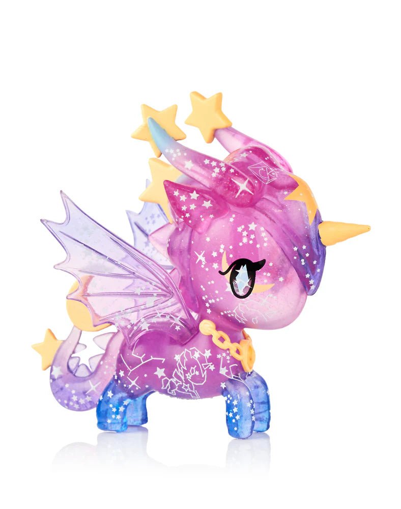 Mystical Dragon Unicorno Blind Box: A small pegacorn figurine with translucent purple to lilac gradient, golden accents, and constellation designs, featuring anime-style eyes and butterfly wings.