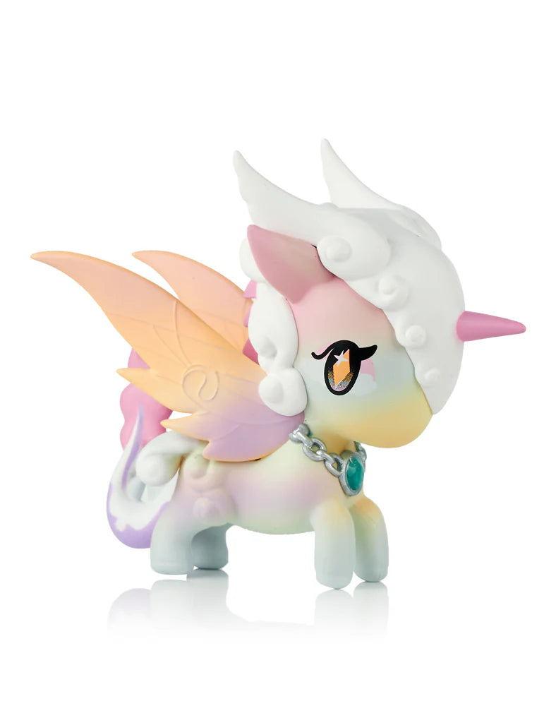 Mystical Dragon Unicorno Blind Box collectible figure with pastel rainbow body, pink horn, fluffy mane, translucent wings, and chain necklace with green jewel.