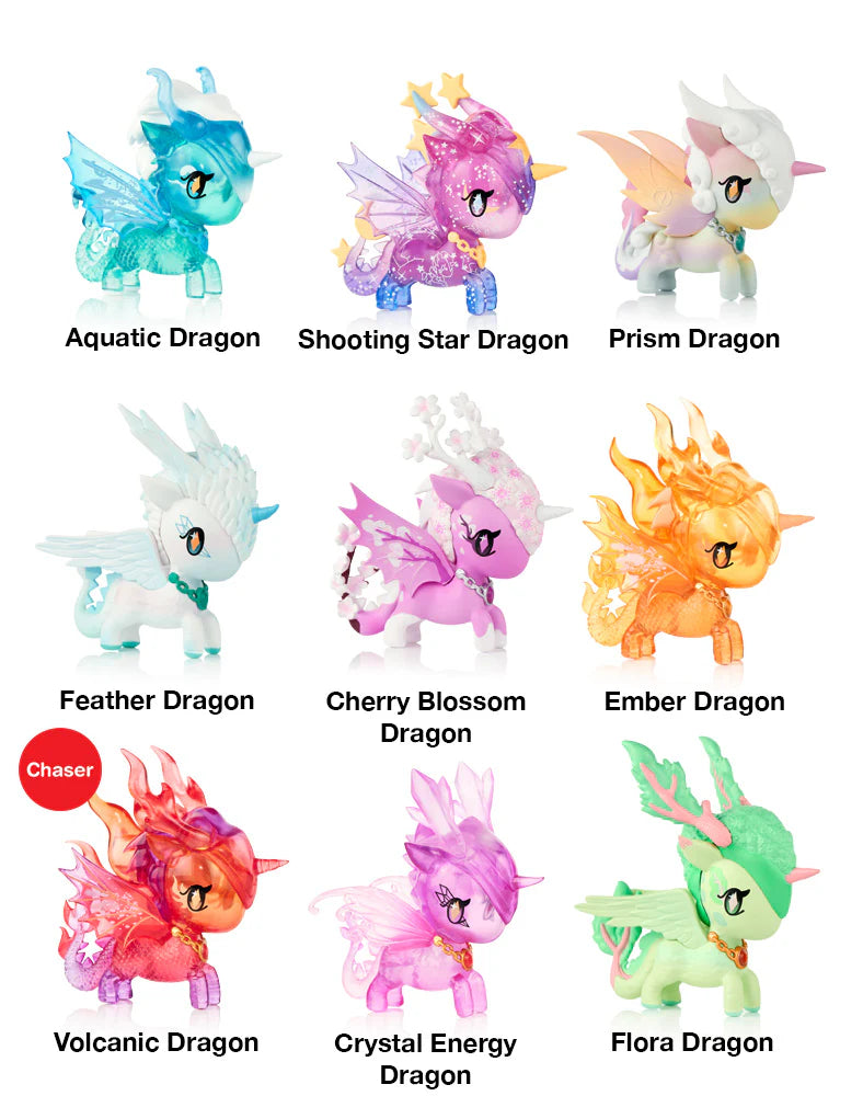 Mystical Dragon Unicorno Blind Box featuring nine stylized dragon collectibles with unique designs, each sealed in mystery packaging.