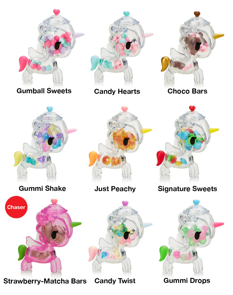 Sugar Shop Unicorno Blind Box featuring a plastic unicorn with colorful candy-shaped pieces inside, part of a blind box collectible art toy series.