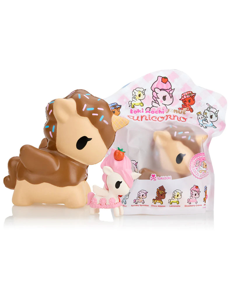 Toki Mochi Donut Unicorno Blind Box, featuring a squishy donut toy with a hidden vinyl Unicorno figure, perfect for collectors and toy enthusiasts.