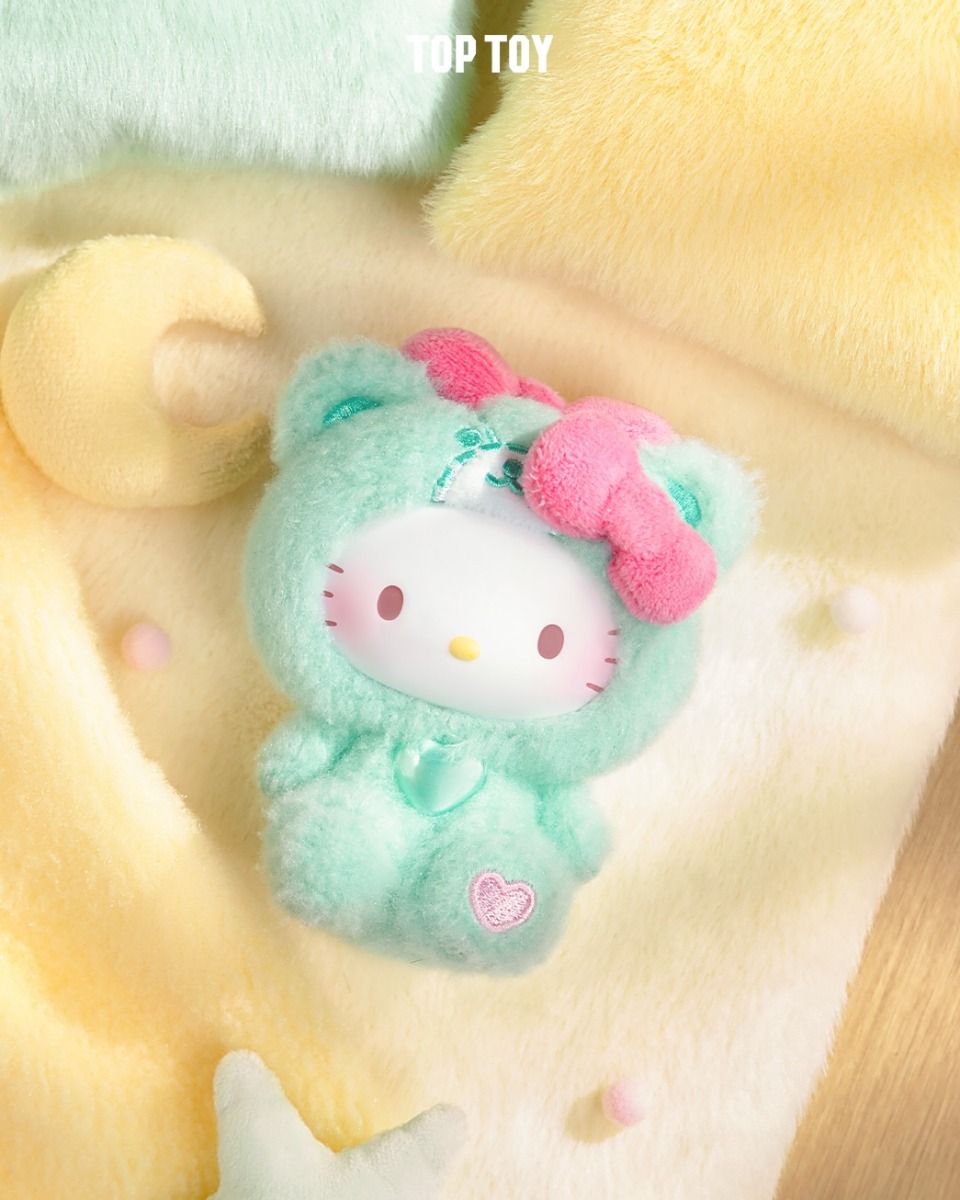 Sanrio Teddy Pajamas Plush Keychain Blind Box Series features Hello Kitty in a mint bear suit, resting on a star-patterned blanket. Preorder for November 2025 delivery.