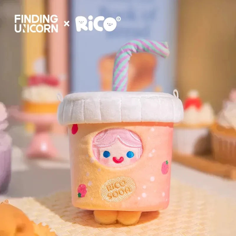 RiCO - Everywhere CELL RiCO with ME - HAPPY SWEETS PLUSH SERIES: A plush pastel-peach drink cup toy with a smiling face, part of a designer collaboration.