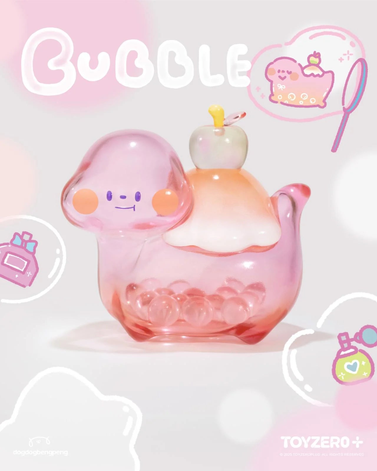 Translucent pink Foodie Dinosaur - Mini Fuji Perfume Bubble figure with rosy cheeks, filled with beads, cream cap, tiny apple, on light gray doodled backdrop.