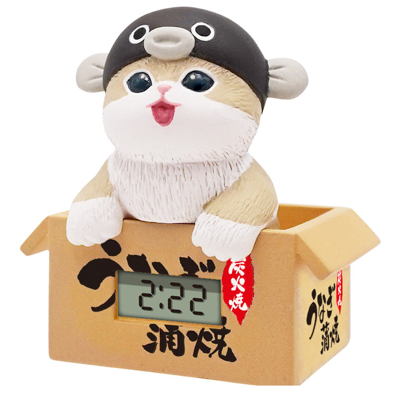Mofusand Sea Creatures Cat Watch Gacha: Digital clock in a box with a cat in a fugu hat. Display shows 2:22.
