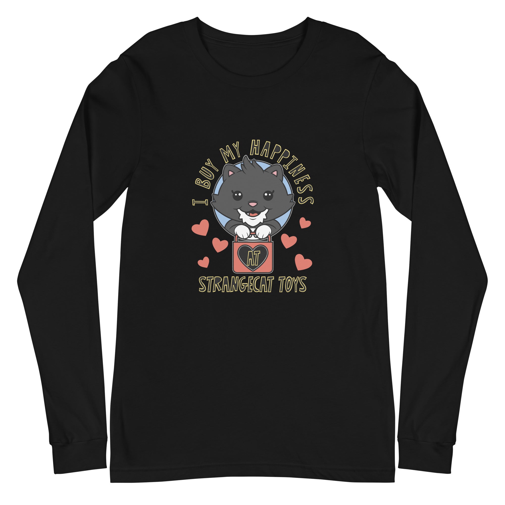 Happiness Long Sleeve Tee featuring a cartoon cat holding a bag, perfect for casual or formal wear, crafted from soft, high-quality cotton.