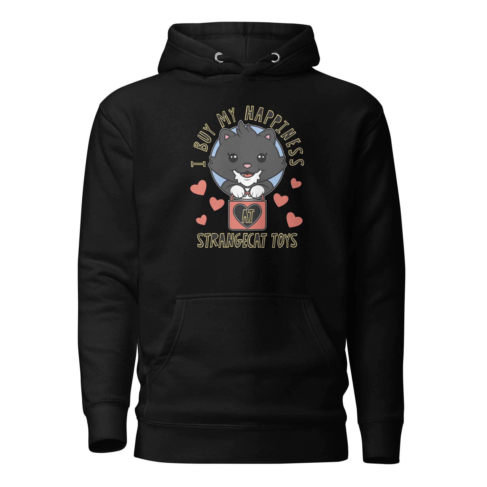 I Buy My Happiness hoodie featuring a cartoon cat design, front pouch pocket, and hood, ideal for art toy enthusiasts.