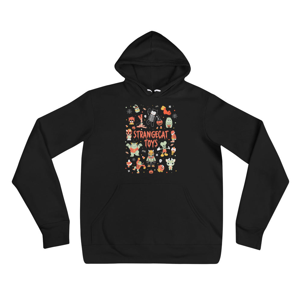 Strangecat Halloween Hoodie By Prime: A black hoodie with cartoon characters, perfect for all-year comfort.