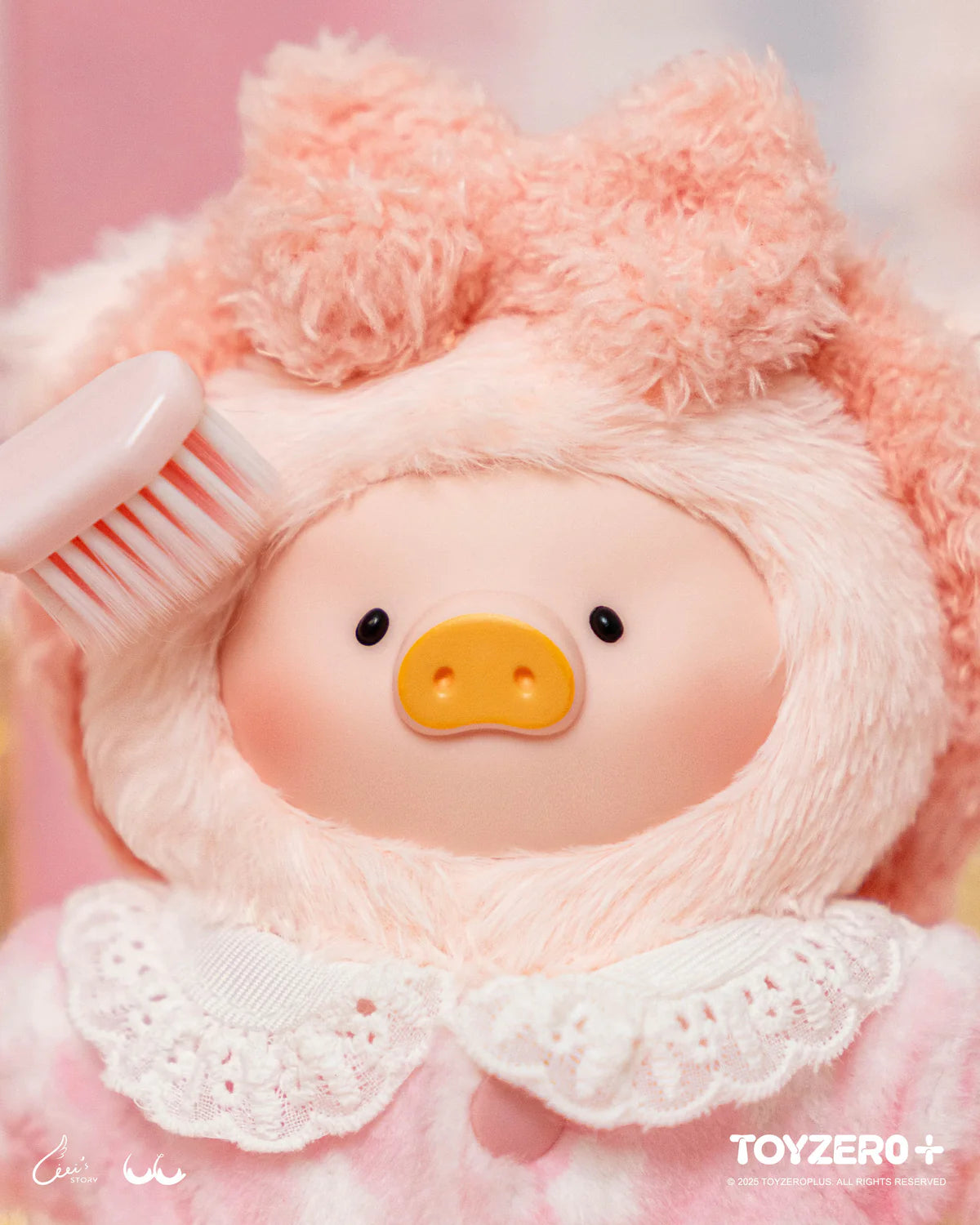 LuLu the Piggy plush keychain, in a pig hood with yellow snout, lace collar, being brushed; preorder for Dreaming Wonderland Series blind box.