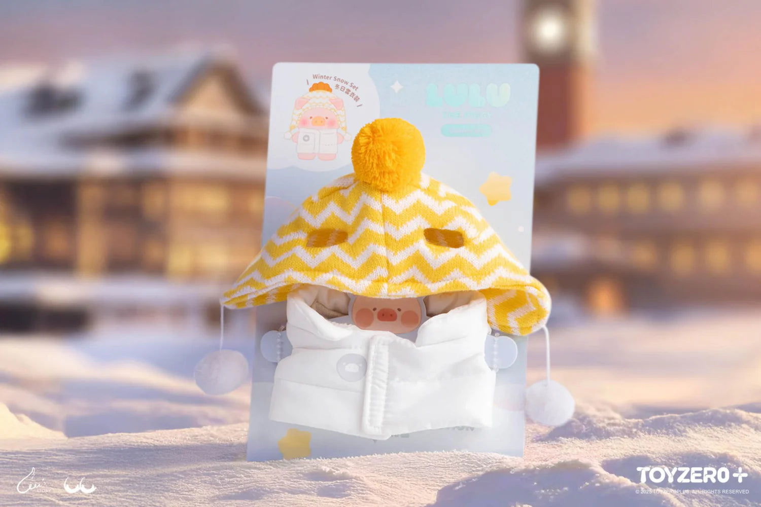 LULU THE PIGGY OOTD - CLOTHES SET (WINTER SNOW SET) featuring a stuffed pig toy in a cozy yellow and white winter hat and jacket.