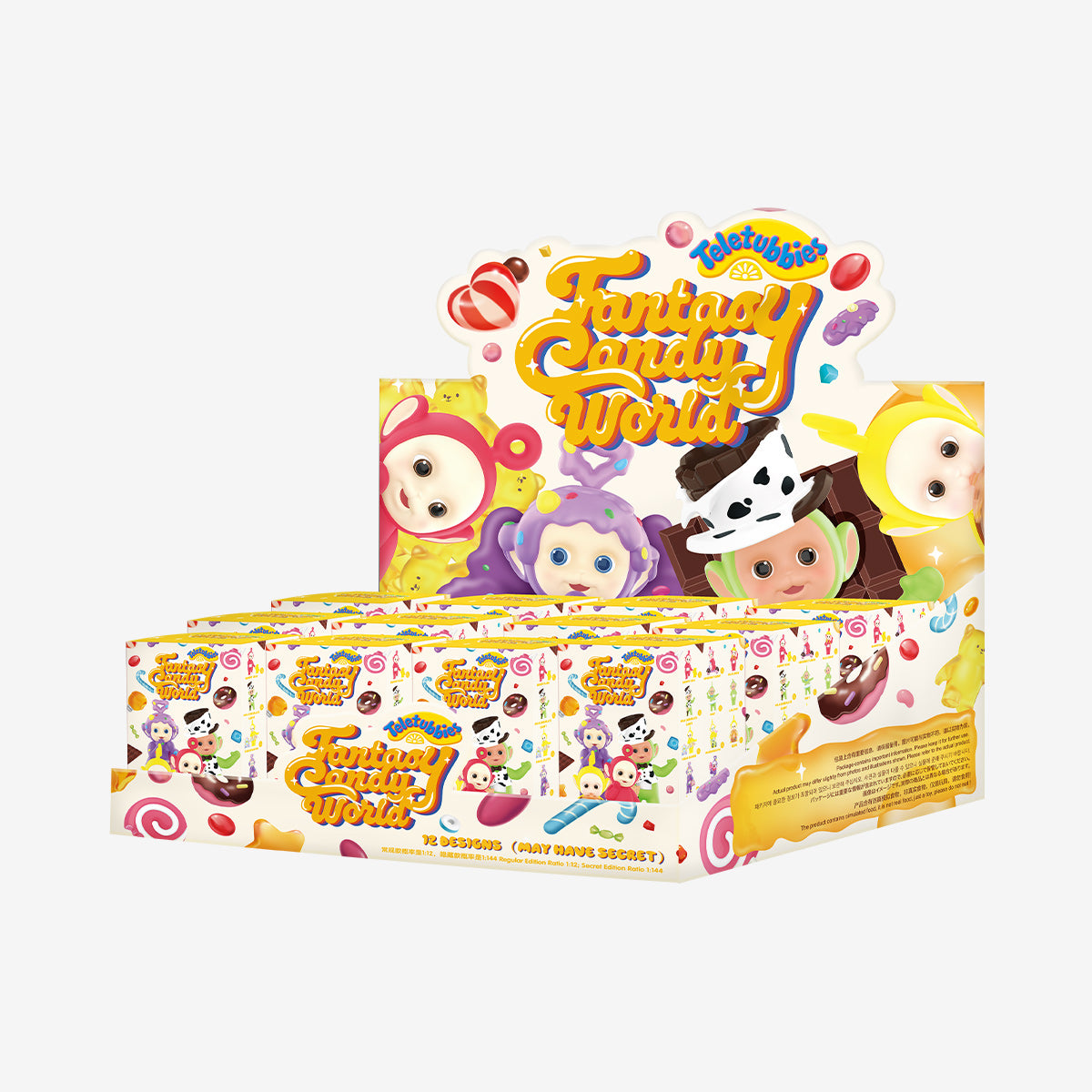 Teletubbies Fantasy Candy World Series - Preorder: Countertop display with candy-themed packaging, featuring 12 collectible Teletubbies in whimsical candy costumes.