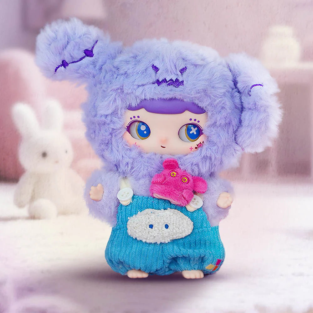 WIWI Inner World Series Plush Pendant Blind Box doll in lavender hooded outfit and blue overalls, featuring a pink plush creature accessory.