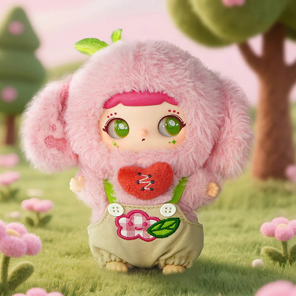 WIWI Inner World Series Plush Pendant Blind Box: collectible doll in pink animal suit with heart and overalls, posed on grassy landscape with trees and flowers.