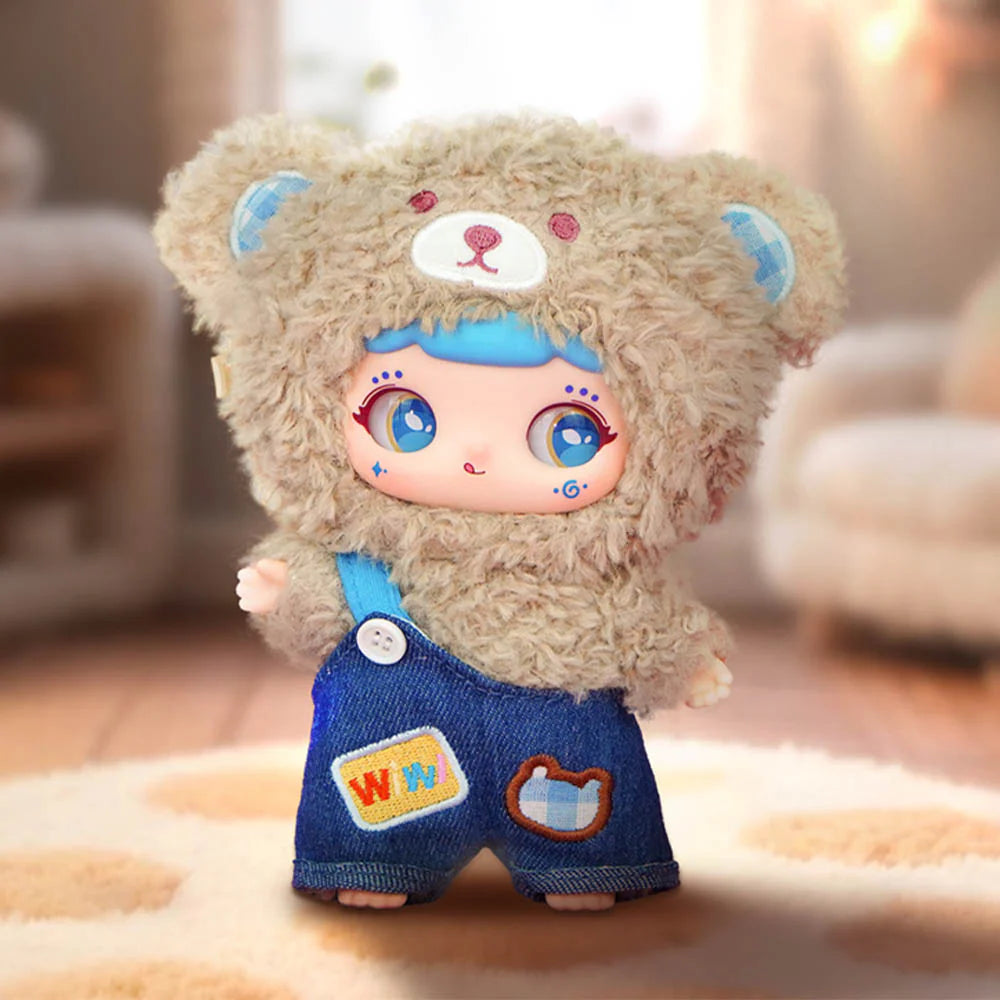 WIWI Inner World Series Plush Pendant Blind Box featuring a doll in a bear-hooded outfit with denim overalls, displayed in a cozy room.